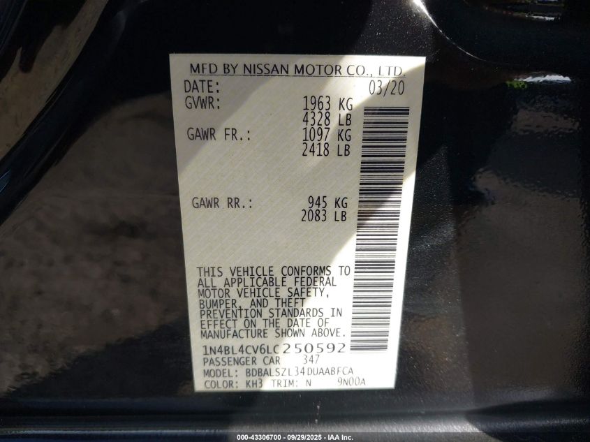 2020 Nissan Altima Sr Fwd VIN: 1N4BL4CV6LC250592 Lot: 43306700