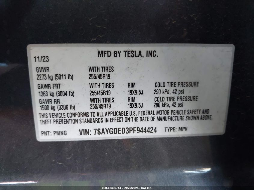 2023 Tesla Model Y Rwd VIN: 7SAYGDED3PF944424 Lot: 43306714