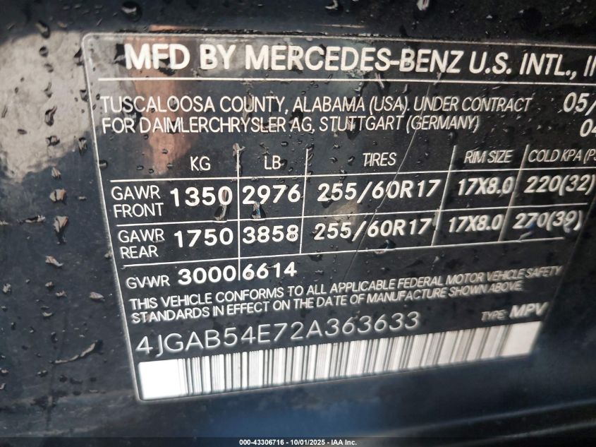 2002 Mercedes-Benz Ml 320 VIN: 4JGAB54E72A363633 Lot: 43306716