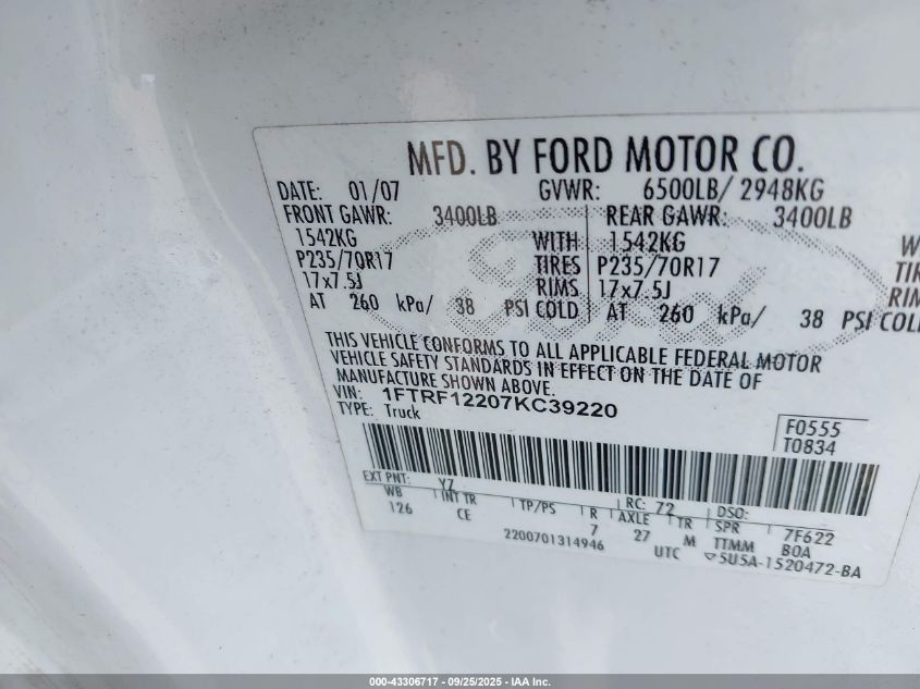 2007 Ford F-150 Stx/Xl/Xlt VIN: 1FTRF12207KC39220 Lot: 43306717