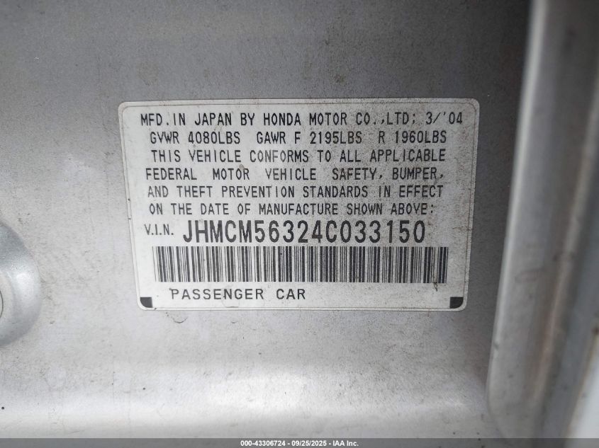 2004 Honda Accord 2.4 Lx VIN: JHMCM56324C033150 Lot: 43306724