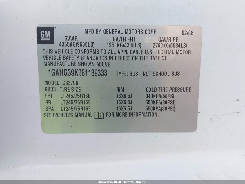 2008 Chevrolet Express Ls VIN: 1GAHG39K081189333 Lot: 43306748