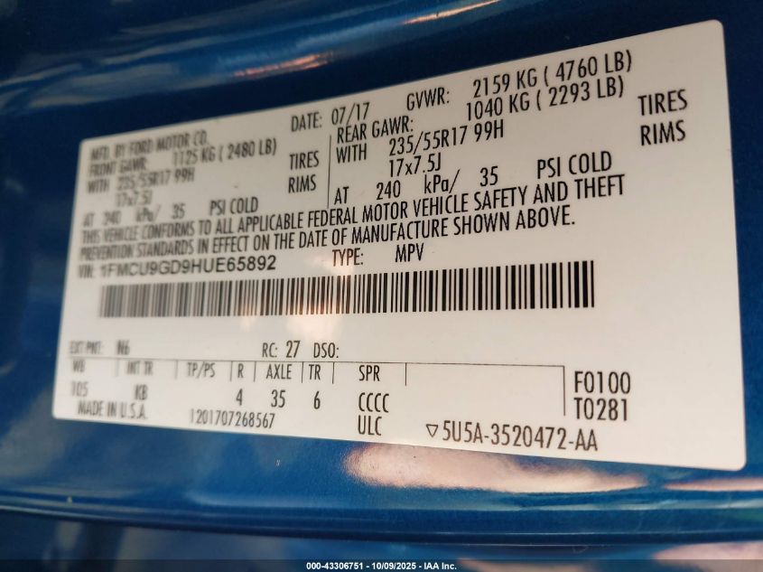 2017 Ford Escape Se VIN: 1FMCU9GD9HUE65892 Lot: 43306751