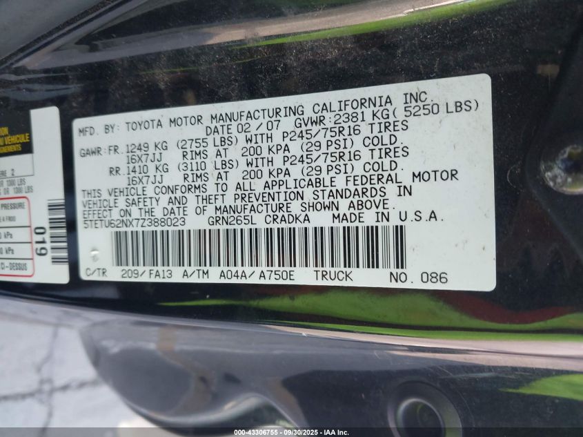2007 Toyota Tacoma Prerunner V6 VIN: 5TETU62NX7Z388023 Lot: 43306755