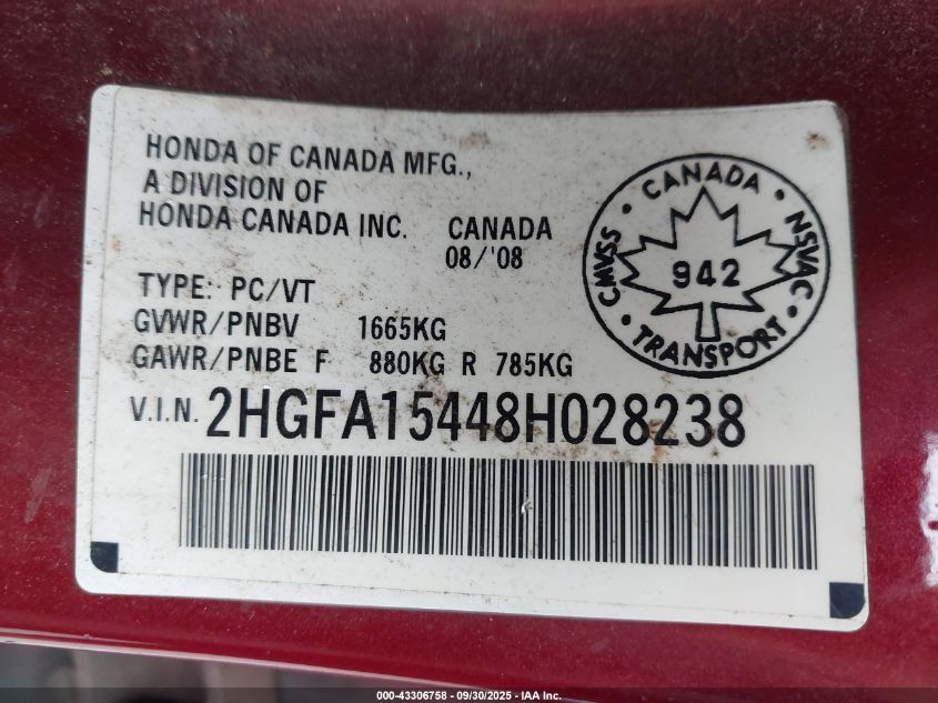 2008 Honda Civic Dx-G VIN: 2HGFA15448H028238 Lot: 43306758