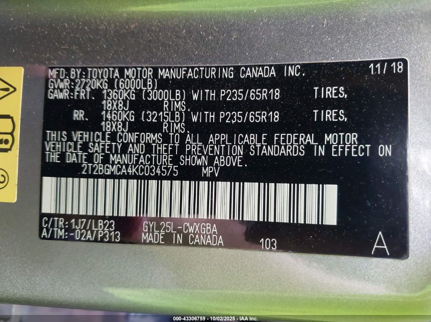 2019 Lexus Rx 450H VIN: 2T2BGMCA4KC034575 Lot: 43306759