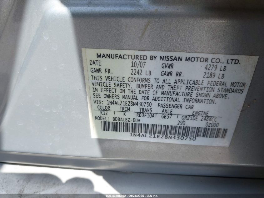 2008 Nissan Altima 2.5 S VIN: 1N4AL21E28N430750 Lot: 43306762