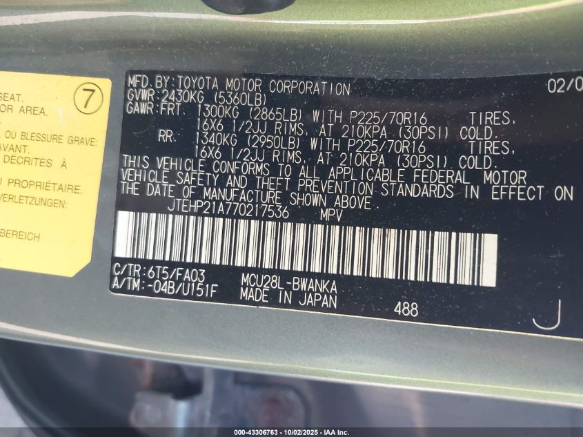 2007 Toyota Highlander V6 VIN: JTEHP21A770217536 Lot: 43306763