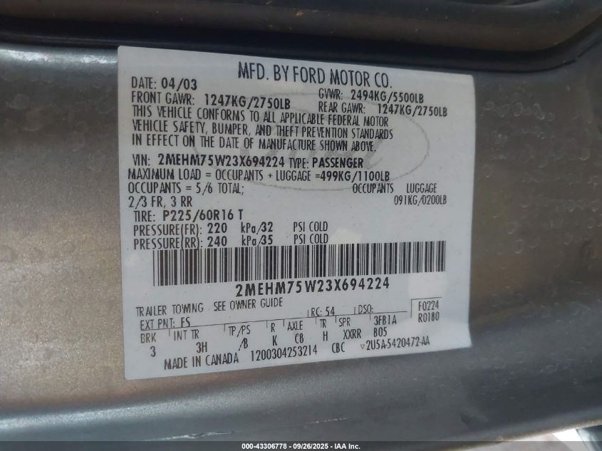 2003 Mercury Grand Marquis Ls VIN: 2MEHM75W23X694224 Lot: 43306778