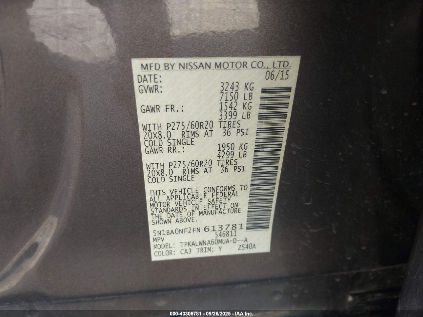 2015 Nissan Armada Platinum VIN: 5N1BA0NF2FN613781 Lot: 43306781