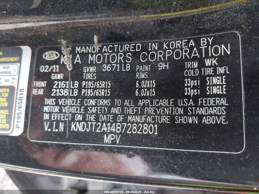 2011 Kia Soul VIN: KNDJT2A14B7282801 Lot: 43306783