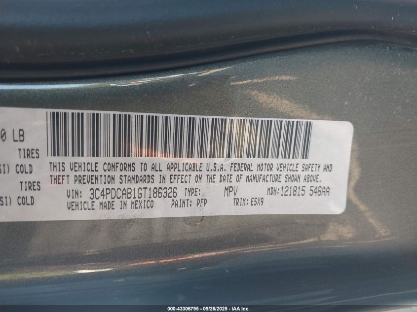 2016 Dodge Journey Se VIN: 3C4PDCAB1GT186326 Lot: 43306795