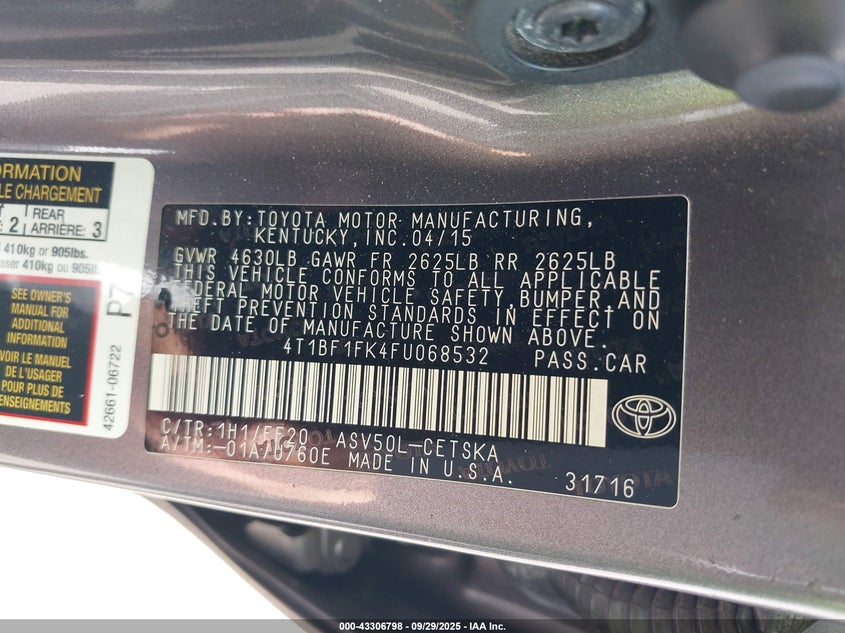 2015 TOYOTA CAMRY SE - 4T1BF1FK4FU068532