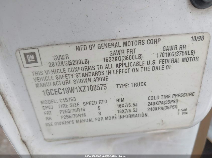 1999 Chevrolet Silverado 1500 VIN: 1GCEC19W1XZ100575 Lot: 43306807