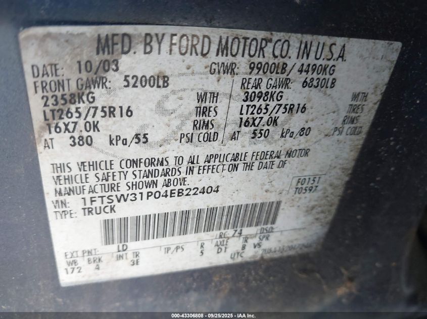2004 Ford F-350 Lariat/Xl/Xlt VIN: 1FTSW31P04EB22404 Lot: 43306808