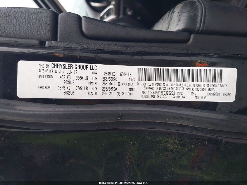 2012 Jeep Grand Cherokee Laredo VIN: 1C4RJFAT0CC329283 Lot: 43306811