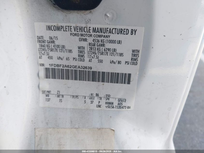 2016 Ford F-250 Xl VIN: 1FDBF2A62GEA32639 Lot: 43306815