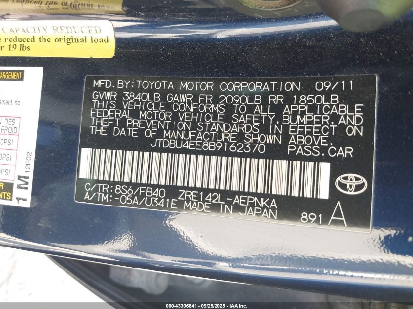 2011 Toyota Corolla Le VIN: JTDBU4EE8B9162370 Lot: 43306841