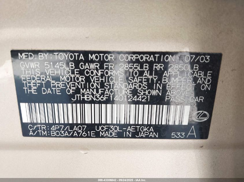 2004 Lexus Ls 430 VIN: JTHBN36F140124421 Lot: 43306842