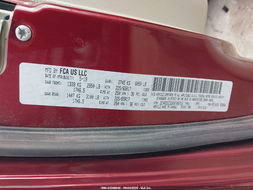 2019 Dodge Grand Caravan Sxt VIN: 2C4RDGCG2KR706716 Lot: 43306848