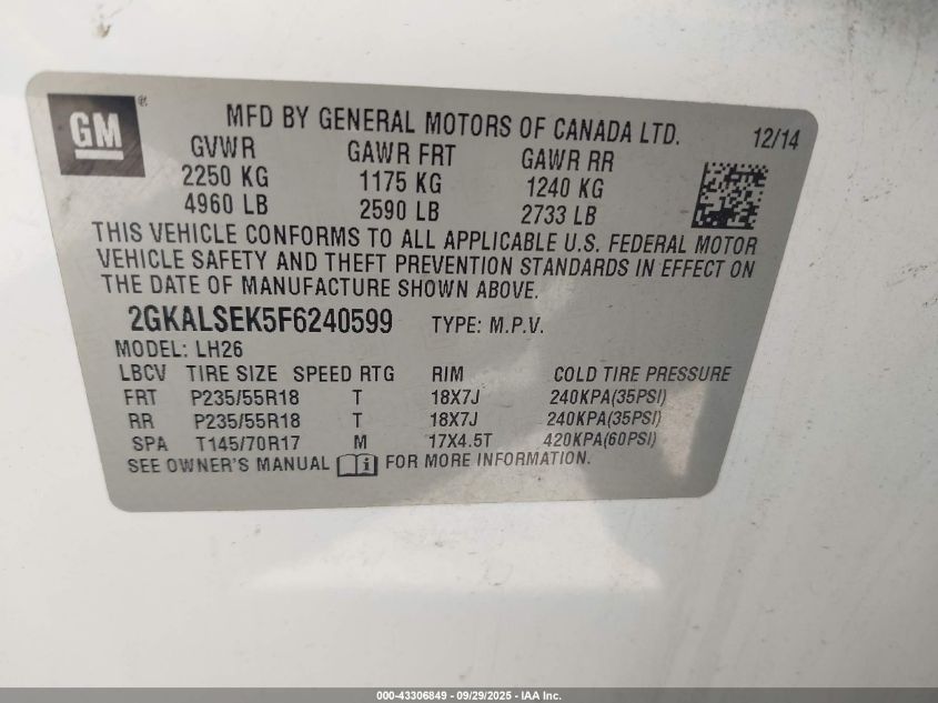 2015 GMC Terrain Slt-1 VIN: 2GKALSEK5F6240599 Lot: 43306849