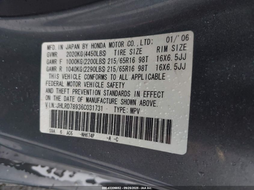 2006 Honda Cr-V Se VIN: JHLRD78936C031731 Lot: 43306852