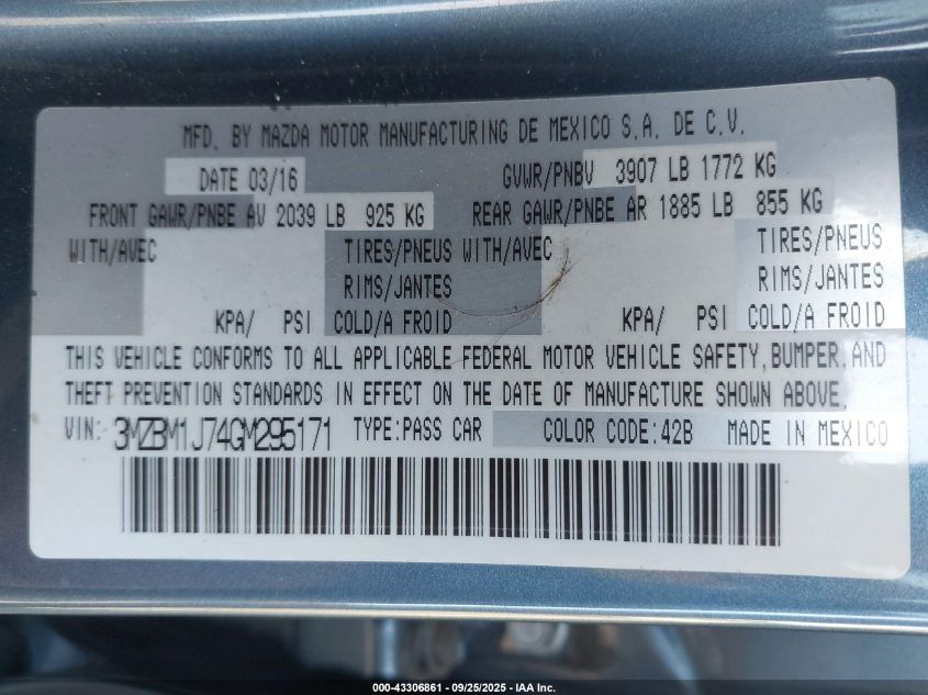 2016 Mazda Mazda3 I Sport VIN: 3MZBM1J74GM295171 Lot: 43306861