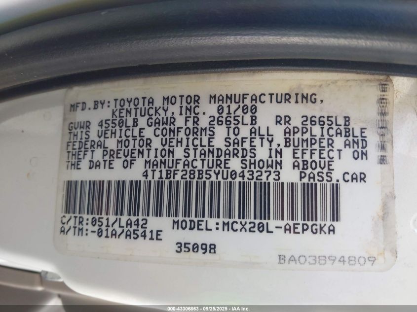 2000 Toyota Avalon Xls VIN: 4T1BF28B5YU043273 Lot: 43306863