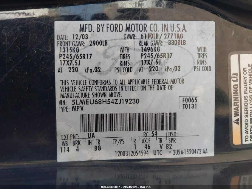 2004 Lincoln Aviator VIN: 5LMEU68H54ZJ19230 Lot: 43306897