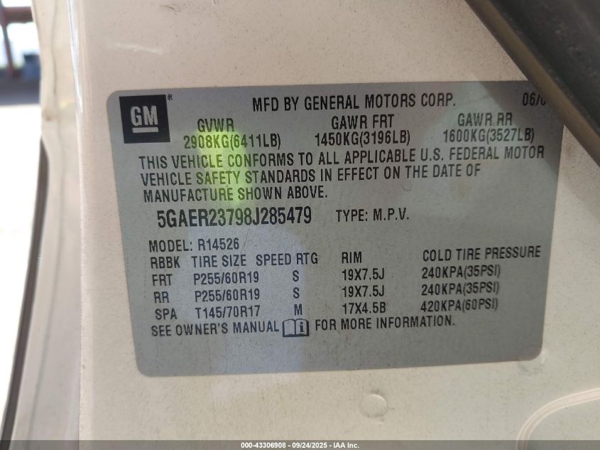 2008 Buick Enclave Cxl VIN: 5GAER23798J285479 Lot: 43306908