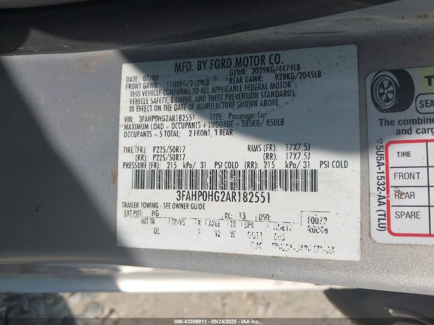 2010 Ford Fusion Se VIN: 3FAHP0HG2AR182551 Lot: 43306911