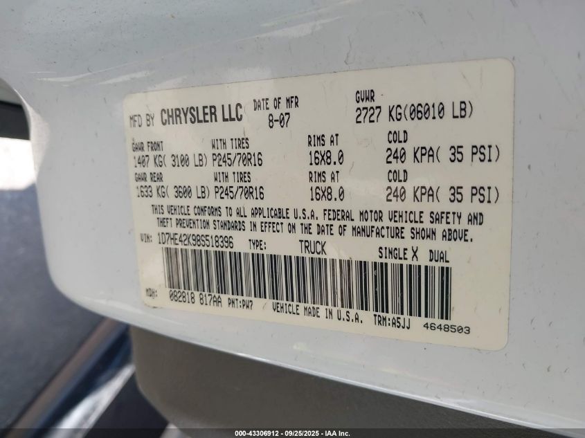 2008 Dodge Dakota Slt VIN: 1D7HE42K98S518396 Lot: 43306912