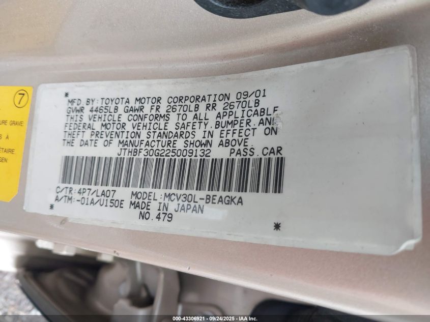 2002 Lexus Es 300 VIN: JTHBF30G225009132 Lot: 43306921