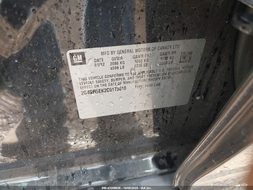 2012 Buick Regal VIN: 2G4GR5EK2C9173018 Lot: 43306926