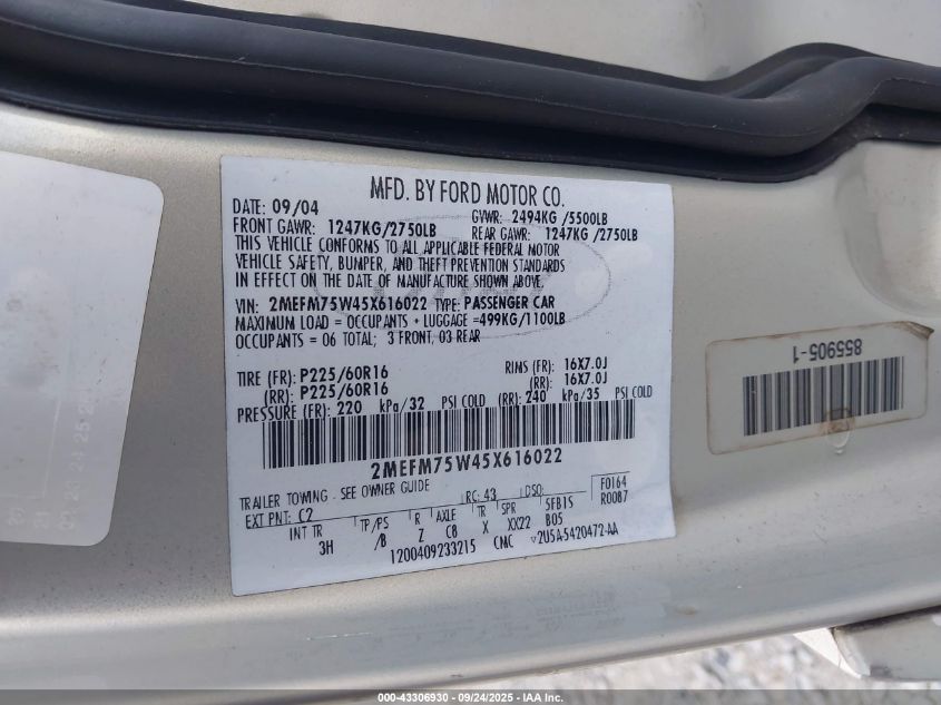2005 Mercury Grand Marquis Ls/Lse VIN: 2MEFM75W45X616022 Lot: 43306930