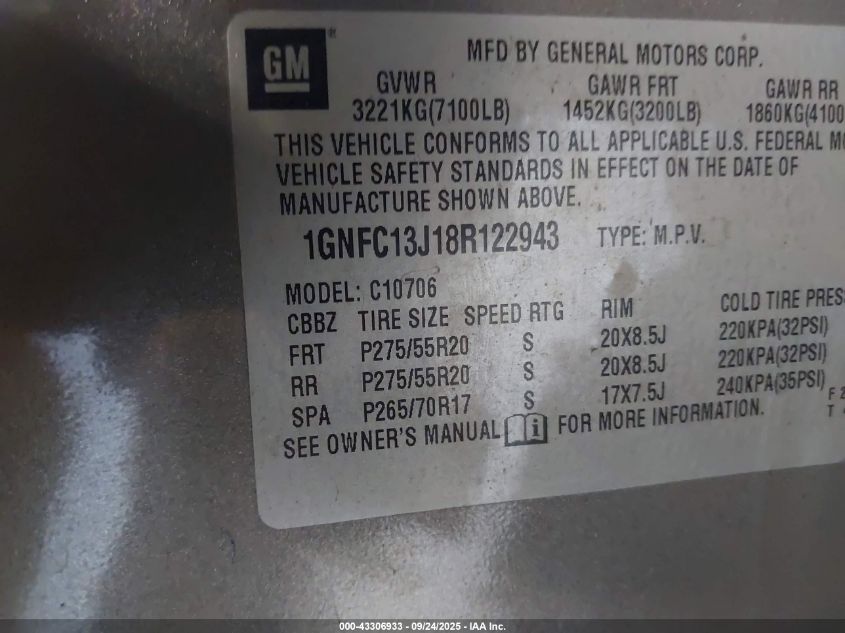 2008 Chevrolet Tahoe Ltz VIN: 1GNFC13J18R122943 Lot: 43306933