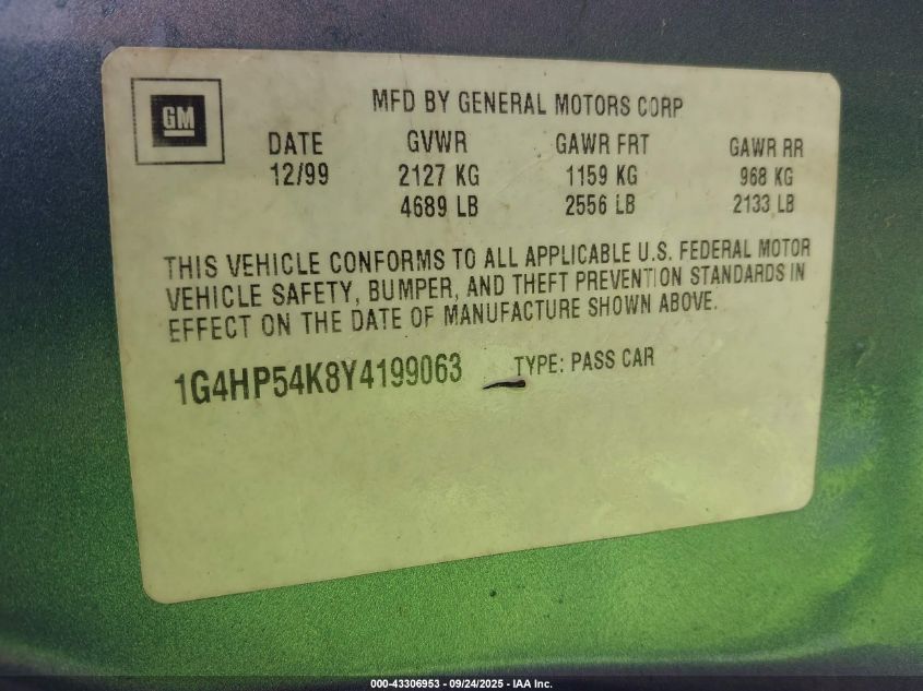 2000 Buick Lesabre Custom VIN: 1G4HP54K8Y4199063 Lot: 43306953