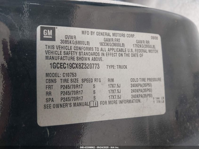 2008 Chevrolet Silverado 1500 Lt1 VIN: 1GCEC19CX8Z320773 Lot: 43306962