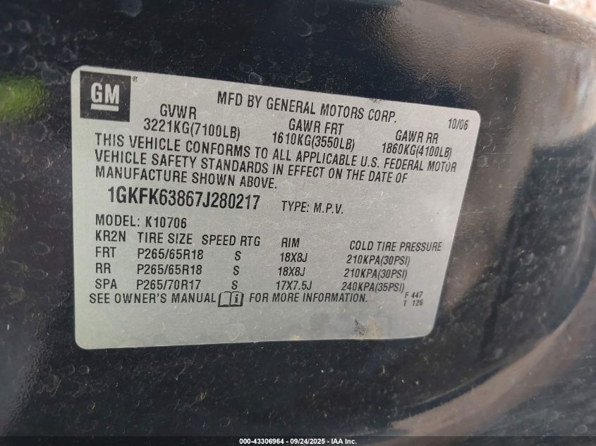 2007 GMC Yukon Denali VIN: 1GKFK63867J280217 Lot: 43306964