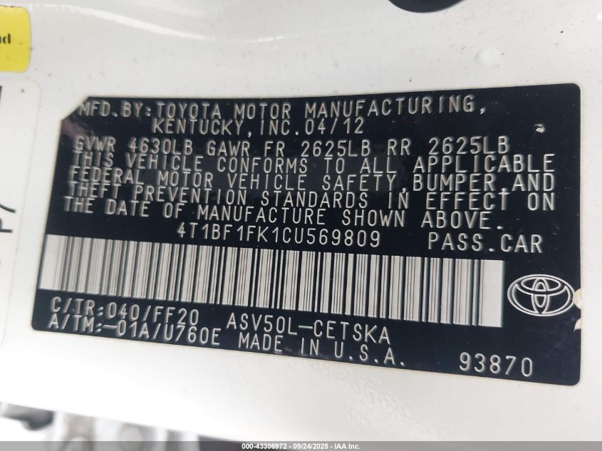 2012 Toyota Camry Se VIN: 4T1BF1FK1CU569809 Lot: 43306972