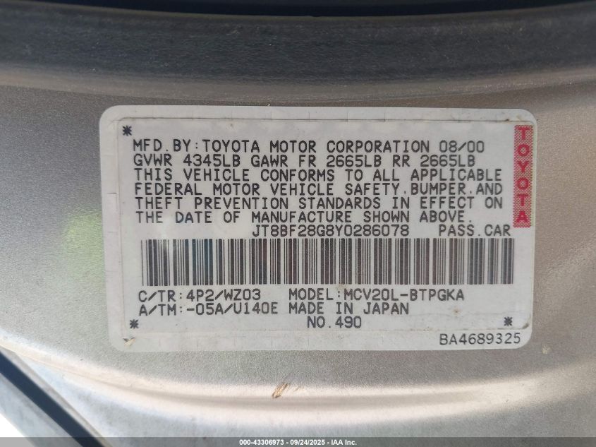 2000 Lexus Es 300 VIN: JT8BF28G8Y0286078 Lot: 43306973