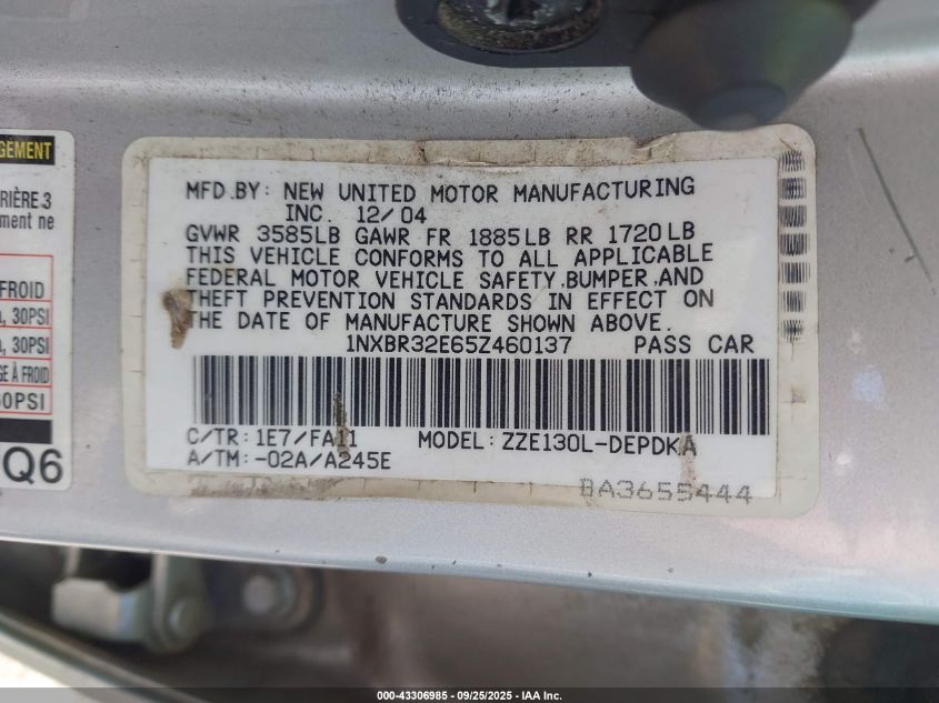 2005 Toyota Corolla Ce VIN: 1NXBR32E65Z460137 Lot: 43306985