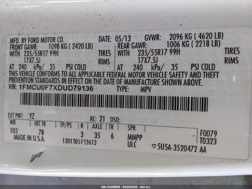 2013 Ford Escape S VIN: 1FMCU0F7XDUD79136 Lot: 43306999