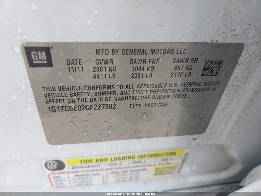 2012 Chevrolet Malibu 1Lt VIN: 1G1ZC5E02CF227382 Lot: 43307016