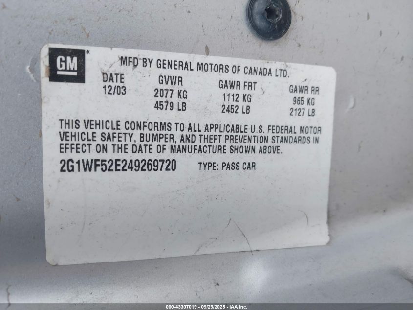 2004 Chevrolet Impala VIN: 2G1WF52E249269720 Lot: 43307019