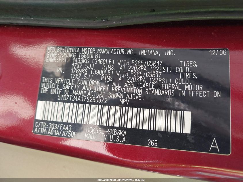 2007 Toyota Sequoia Sr5 V8 VIN: 5TDZT34A17S290372 Lot: 43307020