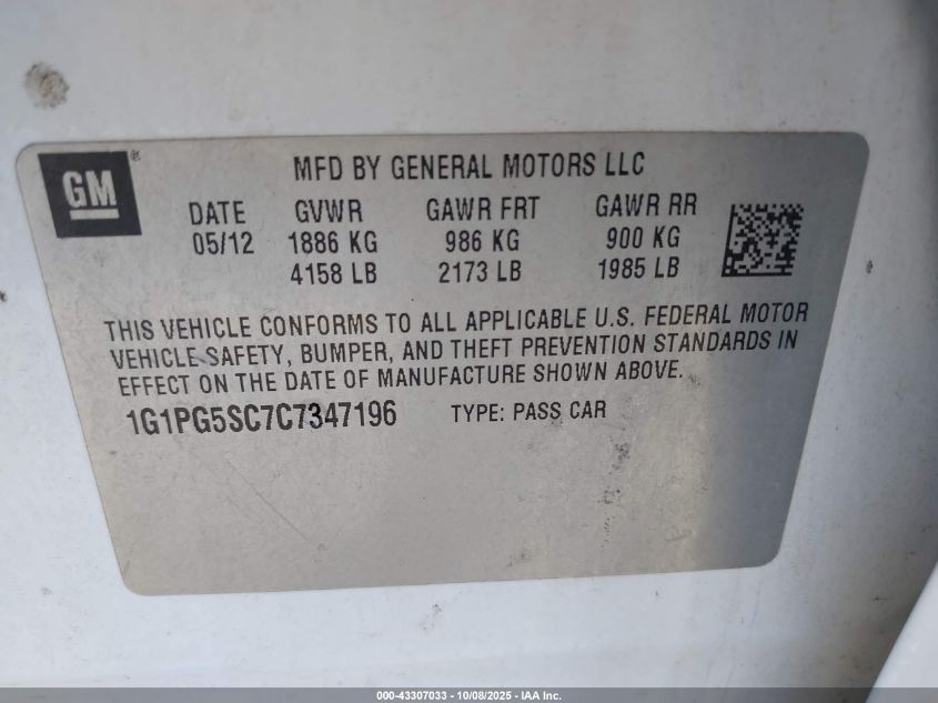 2012 Chevrolet Cruze 2Lt VIN: 1G1PG5SC7C7347196 Lot: 43307033