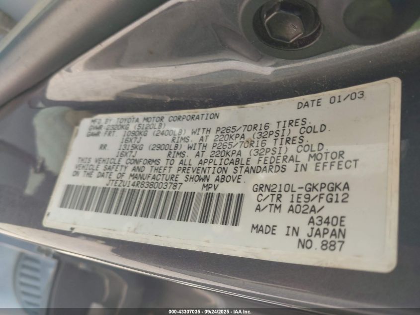 2003 Toyota 4Runner Sr5 V6 VIN: JTEZU14R838003787 Lot: 43307035