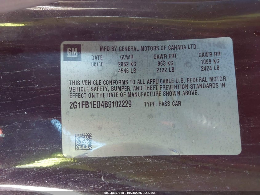 2011 Chevrolet Camaro 1Lt VIN: 2G1FB1ED4B9102229 Lot: 43307038