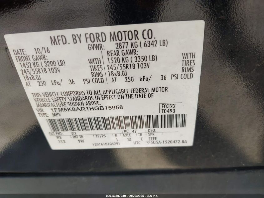 2017 Ford Police Interceptor VIN: 1FM5K8AR1HGB15958 Lot: 43307039